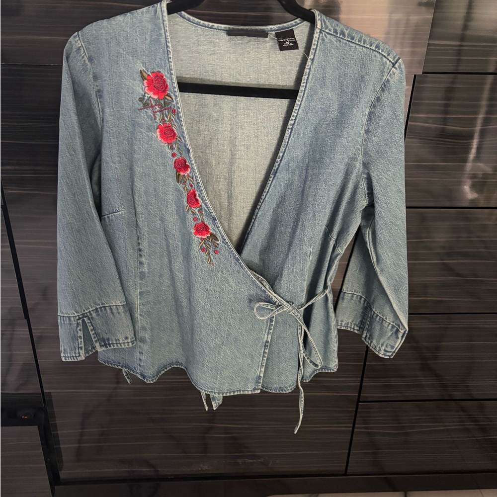 Embroidered Denim Wrap Top